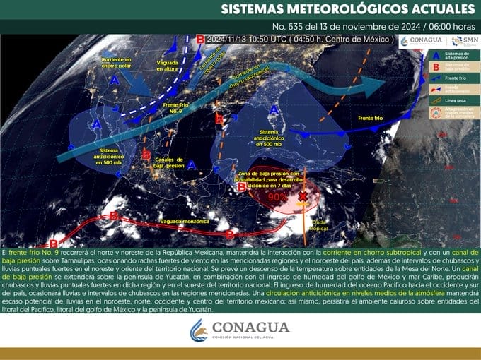 Frente frío traerá fuertes lluvias a la Península de Yucatán