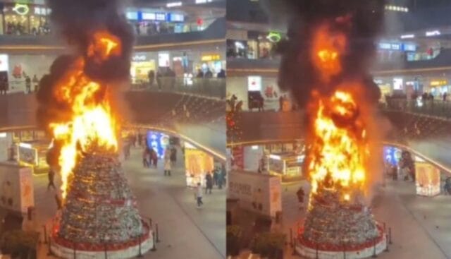 Árbol de Navidad gigante se incendia dentro de centro comercial tras falla eléctrica