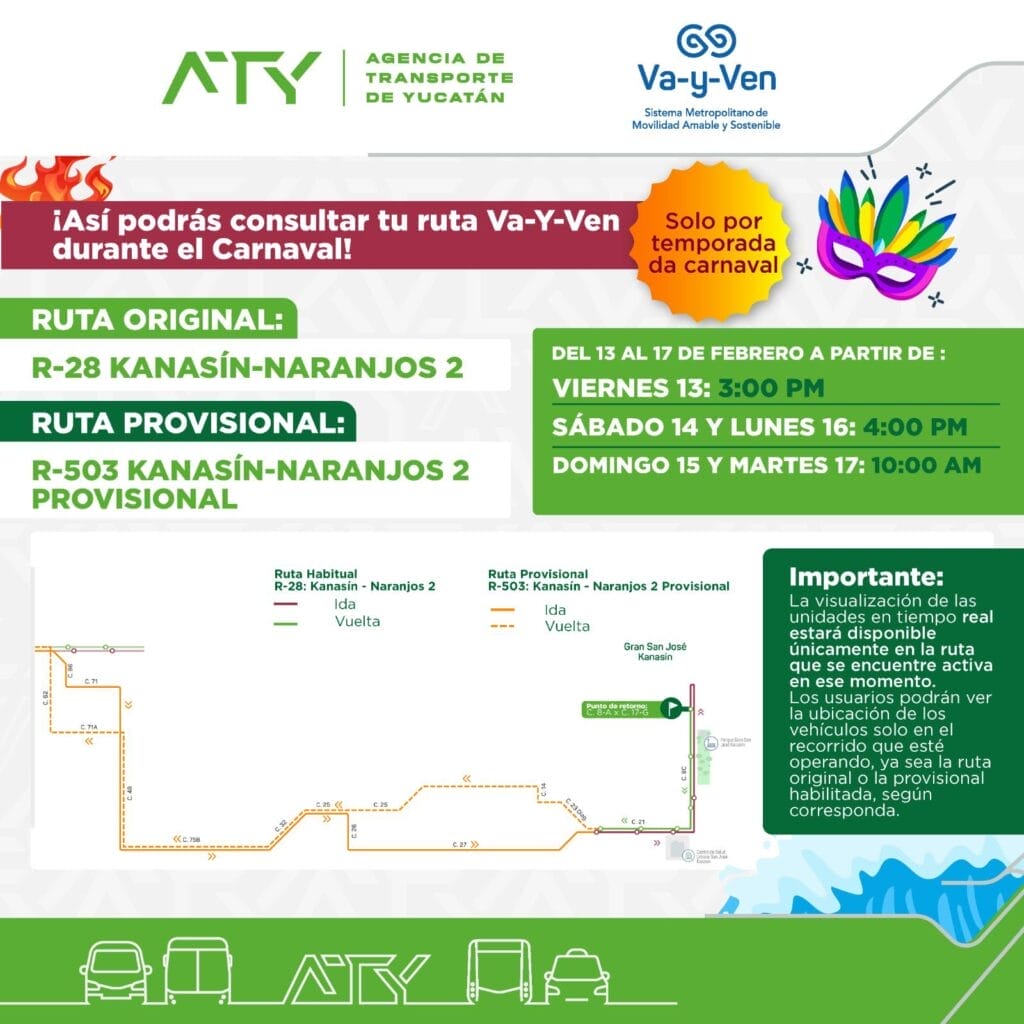 Anuncian cambios en ruta Va y Ven por Carnaval de Mérida 2026